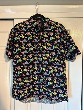 Super Massive 90s Print Short-Sleeve Button-Down Shirt in Black pink yellow